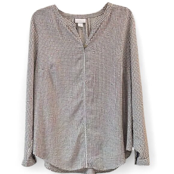 Liz Claiborne Brown Black Ivory Grid Check Long Sleeve Blouse Size XL - Picture 1 of 10